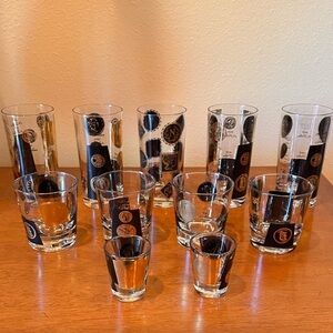 Vintage Cera MCM 22K Gold & Black Coin Barware Highball, Lowball & Shot Glasses
